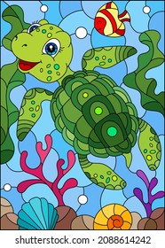 Illustration in the style of stained glass with bright cartoon turtle on the background of the sea floor, fish and water
