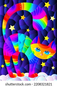 Illustration in the style of stained glass with a bright rainbow cat on the cloud against the background of the starry night sky, a rectangular image 