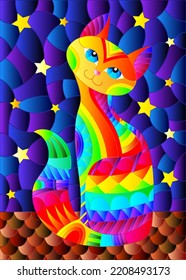 Illustration in the style of stained glass with a bright rainbow cat on the roof against the background of the starry night sky, a rectangular image 