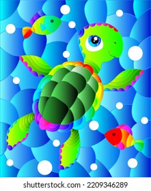 Illustration in the style of stained glass with bright cartoon turtle on the background of the sea floor, fish and water