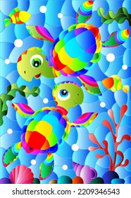 Illustration in the style of stained glass with bright cartoon turtles on the background of the sea floor, fish and water