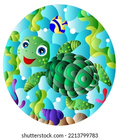 Illustration in the style of stained glass with bright cartoon turtle on the background of the sea floor, fish and water, oval image