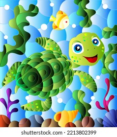 Illustration in the style of stained glass with bright cartoon turtle on the background of the sea floor, fish and water