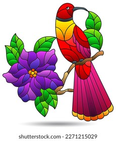 Illustration in the style of stained glass with bright bird on the branches of flowering plants, animals isolated on a white background