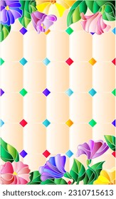 Illustration in the style of stained glass with bright intertwined colors on the background of the window