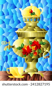 Illustration in the style of stained glass with a bright painted samovar and a cup on the table on a blue background