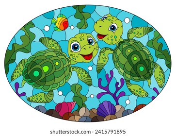 Illustration in the style of stained glass with bright cartoon turtles on the background of the sea floor, fish and water