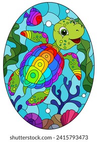 Illustration in the style of stained glass with bright cartoon turtle on the background of the sea floor, fish and water, oval image