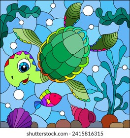 Illustration in the style of stained glass with bright cartoon turtle on the background of the sea floor, fish and water