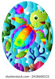 Illustration in the style of stained glass with bright cartoon turtle on the background of the sea floor, fish and water, oval image