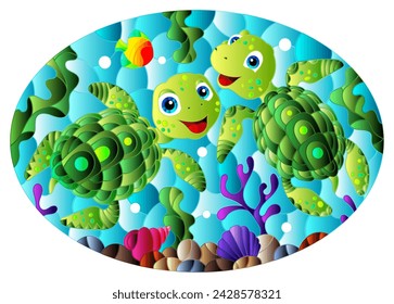 Illustration in the style of stained glass with bright cartoon turtles on the background of the sea floor, fish and water