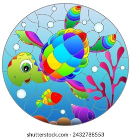 Illustration in the style of stained glass with bright cartoon turtle on the background of the sea floor, fish and water, oval image