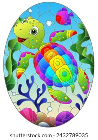 Illustration in the style of stained glass with bright cartoon turtle on the background of the sea floor, fish and water, oval image