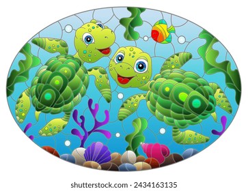 Illustration in the style of stained glass with bright cartoon turtles on the background of the sea floor, fish and water