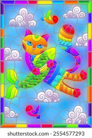 Illustration in the style of stained glass with a bright rainbow cat with fish against the background of the cloudy day sky, a rectangular image in a bright frame