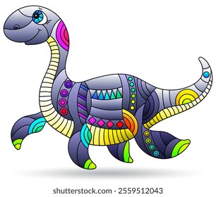Illustration in the style of stained glass with bright dinosaur, animal isolated on a white background