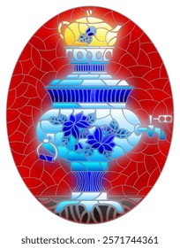 Illustration in the style of stained glass with a bright painted russian samovar on the table on a red background, oval image