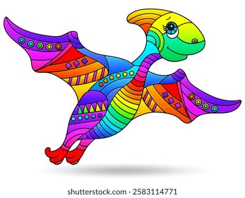 Illustration in the style of stained glass with bright dinosaur, animal isolated on a white background