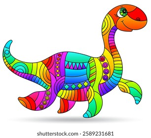 Illustration in the style of stained glass with bright dinosaur, animal isolated on a white background
