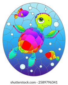 Illustration in the style of stained glass with bright cartoon turtle on the background of the sea floor, fish and water, oval image