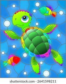 Illustration in the style of stained glass with bright cartoon turtle on the background of the sea floor, fish and water