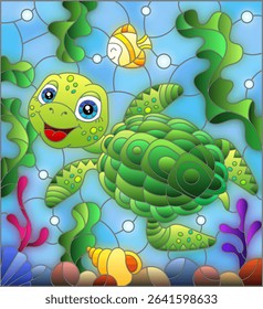 Illustration in the style of stained glass with bright cartoon turtle on the background of the sea floor, fish and water