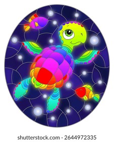 Illustration in the style of stained glass with bright cartoon turtle on the background of the sea floor, fish and water, oval image