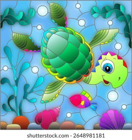 Illustration in the style of stained glass with bright cartoon turtle on the background of the sea floor, fish and water