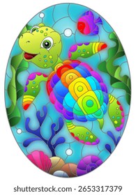 Ilustração no estilo de vitrais com tartaruga de desenho animado brilhante no fundo do fundo do mar, peixes e água, imagem oval
