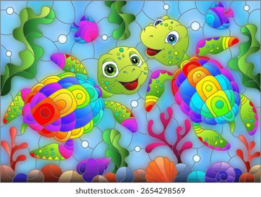 Illustration in the style of stained glass with bright cartoon turtles on the background of the sea floor, fish and water