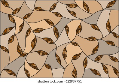 Illustration in the style of stained glass with brown leaves  on a beige  background ,monochrome