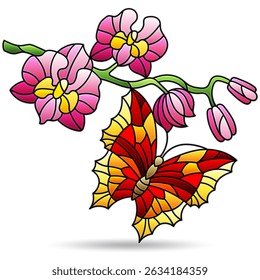 Illustration in the style of stained glass with butterfliy and orchid flowers, animal isolated on a white background