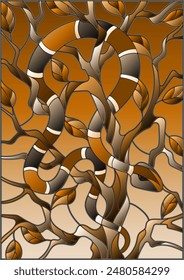 Illustration in the style of stained glass with colorful snake on the apple tree, tone brown