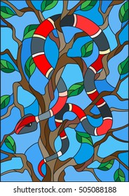 Illustration in the style of stained glass with colorful snake on the tree on blue background