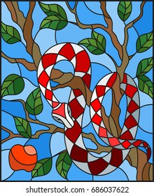 Illustration in the style of stained glass with colorful snake on the apple tree on blue background