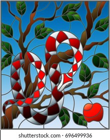 Illustration in the style of stained glass with colorful snake on the apple tree on blue background