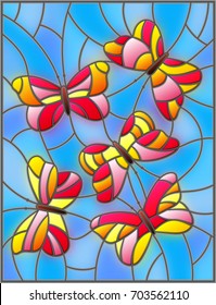 illustration in the style of stained glass with the colorful abstract butterflies on a blue background