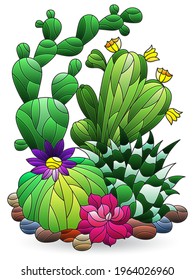 Illustration in the style of stained glass with a composition of cacti, plants isolated on a white background