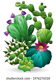 Illustration in the style of stained glass with a composition of cacti, plants isolated on a white background