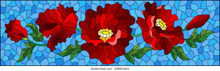 Illustration in the style of stained glass with a composition of red poppies on a blue background, horizontal orientation