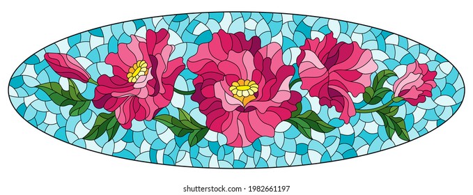 Illustration in the style of stained glass with a composition of pink poppies on a blue background, horizontal orientation oval image