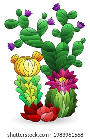 Illustration in the style of stained glass with a composition of cacti, plants isolated on a white background