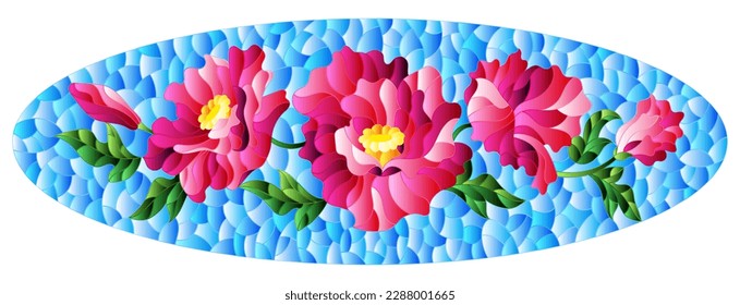 Illustration in the style of stained glass with a composition of pink poppies on a blue background, horizontal orientation oval image