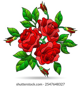 Illustration in the style of stained glass with composition of rose flowers, isolated on a white background