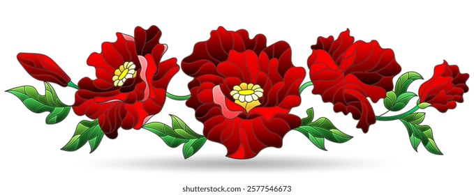 Illustration in the style of stained glass with composition of bright poppies, flowers isolated on a white background