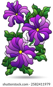 Illustration in the style of stained glass with composition of petunia flowers, flowers isolated on a white background
