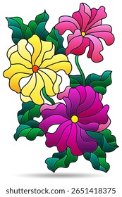 Ilustração no estilo de vitrais com a composição de flores de petúnia, flores isoladas em um fundo branco