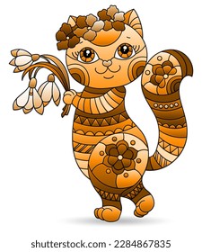 Illustration in the style of stained glass with a cute abstract cat with a bouquet, the animal is isolated on a white background, tone brown