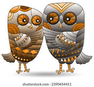 Illustration in the style of stained glass with a cute owls, birds isolated on a white background, tone brown