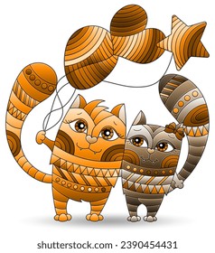 Illustration in the style of stained glass with cute cats, animals isolated on a white background, tone brown